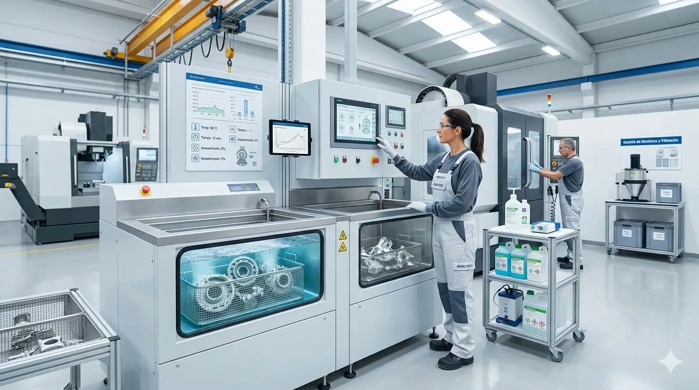 Operaria supervisando sistema de limpieza por ultrasonidos automatizado en planta industrial para reducir residuos y optimizar el mantenimiento de piezas metálicas.
