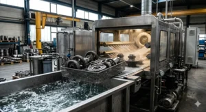 Pieza metálica de precisión tras el proceso de enjuague y secado industrial, libre de manchas y residuos de detergente.
