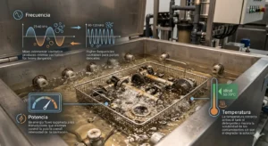 Cubeta de una lavadora de ultrasonidos industrial mostrando el proceso de cavitación en piezas mecánicas según la frecuencia, potencia y temperatura.