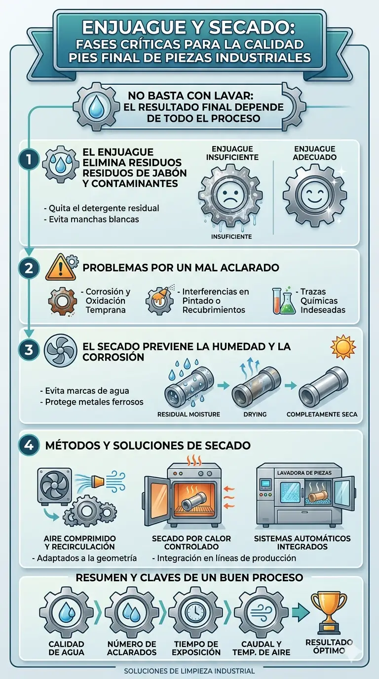 Infografía vertical sobre las claves del enjuague y secado industrial. Explica cómo el aclarado elimina restos de detergente y evita manchas, los problemas de la corrosión temprana por humedad, métodos de secado como aire comprimido o calor controlado, y los factores para un resultado óptimo.