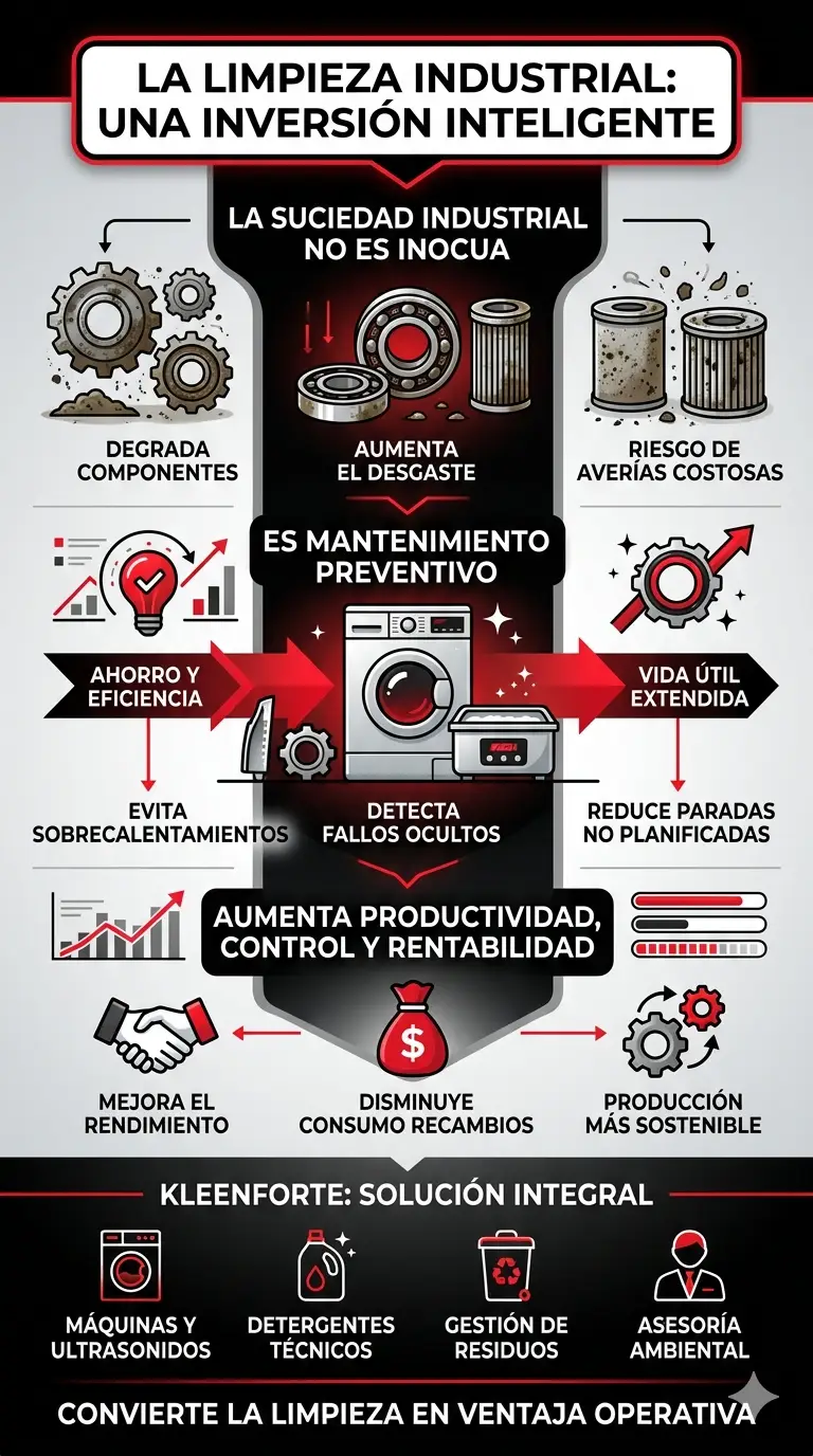 Infografía vertical de KleenForte sobre limpieza industrial en colores negro, rojo y blanco. Muestra cómo la limpieza evita el desgaste de maquinaria, reduce paradas no planificadas y mejora la rentabilidad mediante mantenimiento preventivo y sistemas de ultrasonidos.