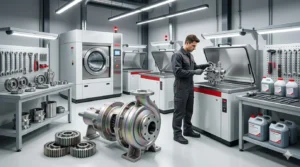 Imagen hiperrealista de una pieza mecánica de alta precisión siendo restaurada mediante limpieza industrial profesional. Se observa el contraste entre la suciedad acumulada y el metal limpio, simbolizando el mantenimiento preventivo y la vida útil de la maquinaria.
